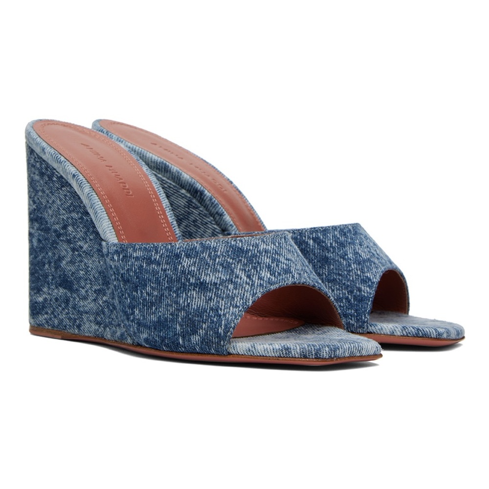 Amina Muaddi Blue Denim Wedge Mules